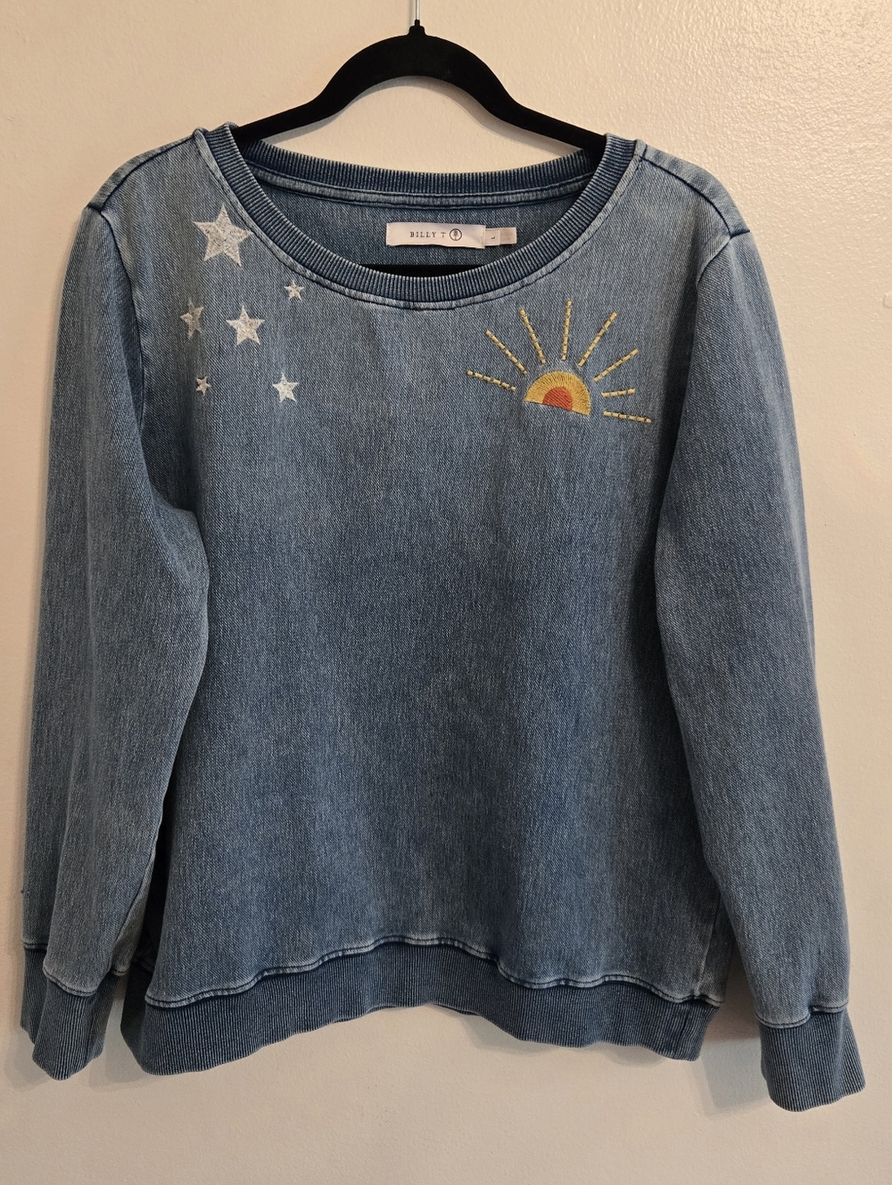 Billy T Hello Sunshine Embroidered Denim Sweatshirt Womens Large